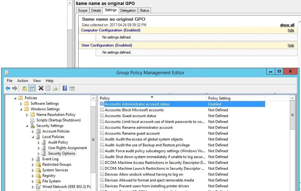 GPO Settings tab showing No settings defined