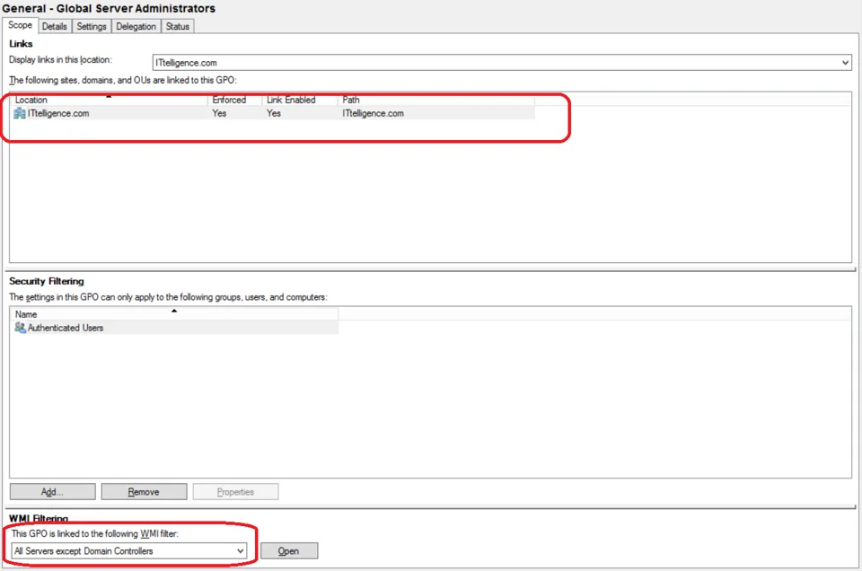 Server admins GPO with WMI filter and enforcement
