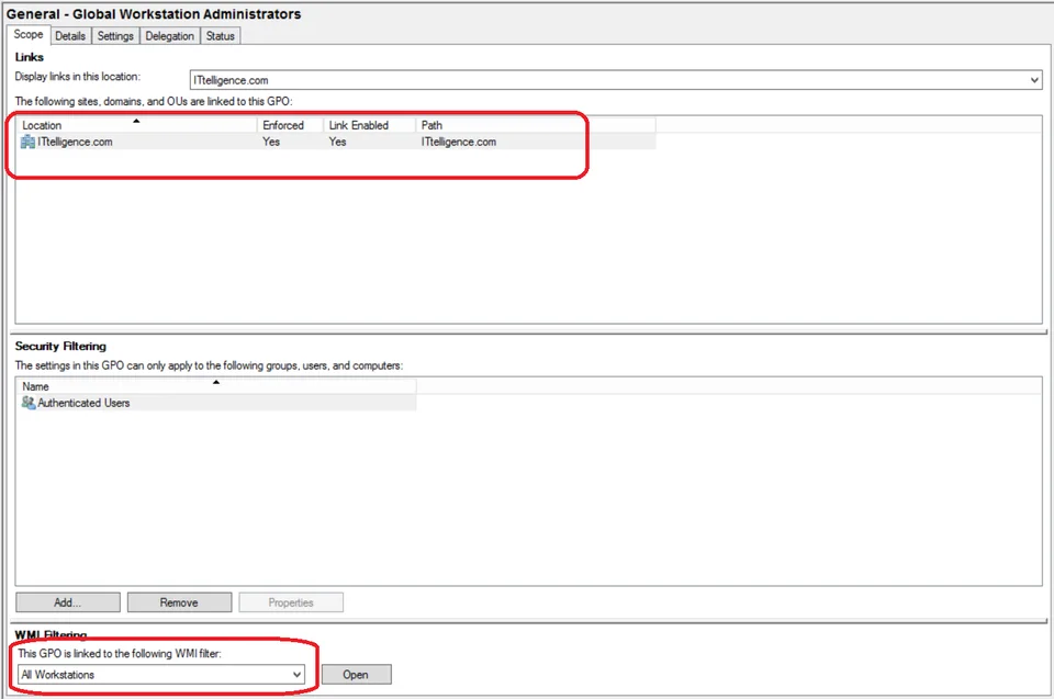 Workstation admins GPO with WMI filter and enforcement