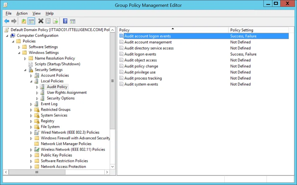 Audit policy settings for account lockout tracking