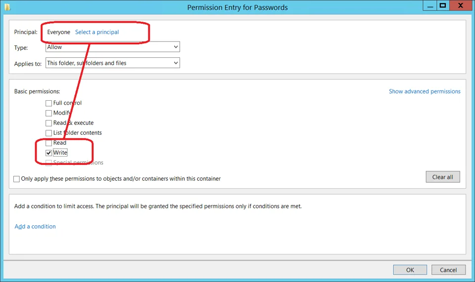 Share permissions allowing authenticated users write only