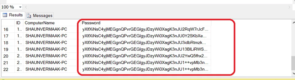 Encrypted passwords stored in SQL database table