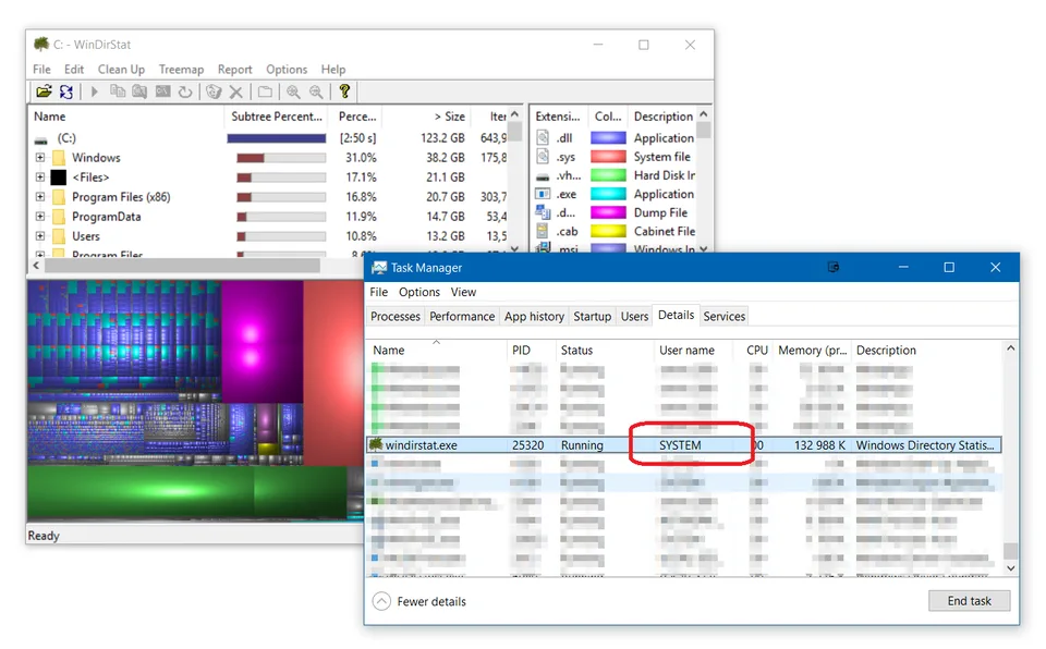 WinDirStat running as SYSTEM showing full disk usage