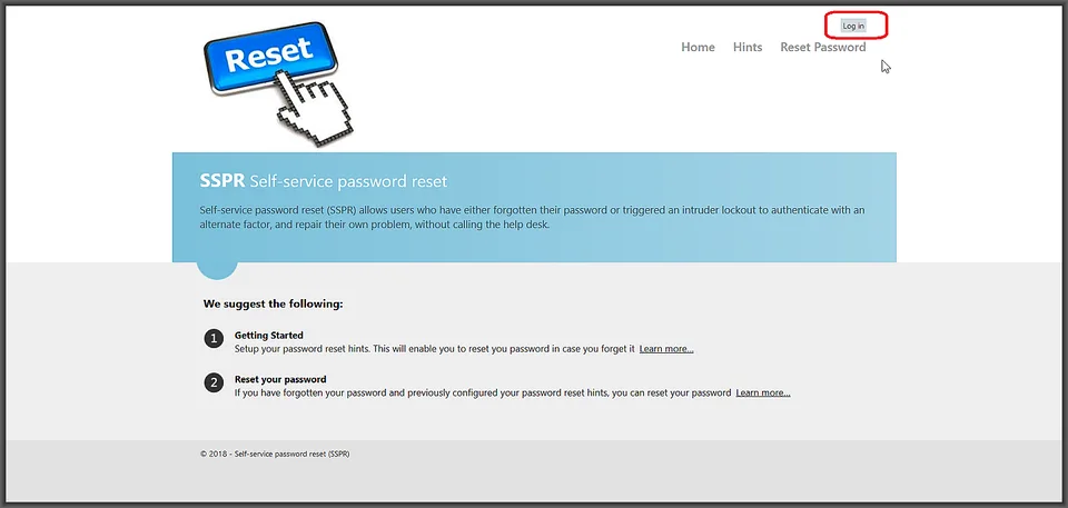 Self-service password reset home page