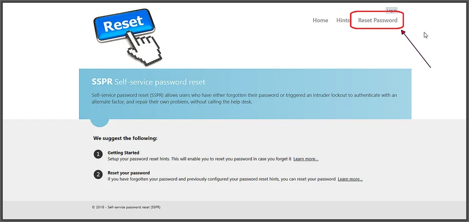 Password reset link on home page
