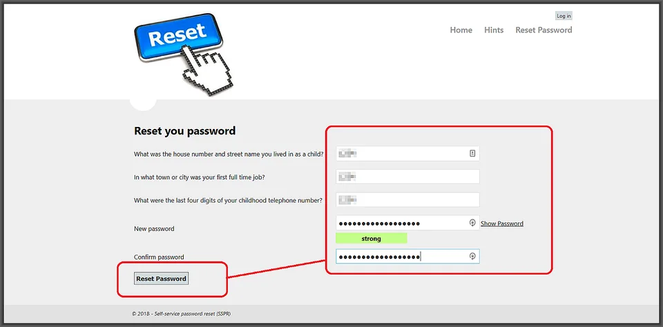 Security questions with new password fields