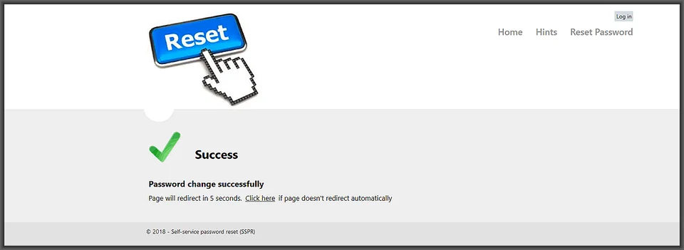 Successful password reset confirmation screen