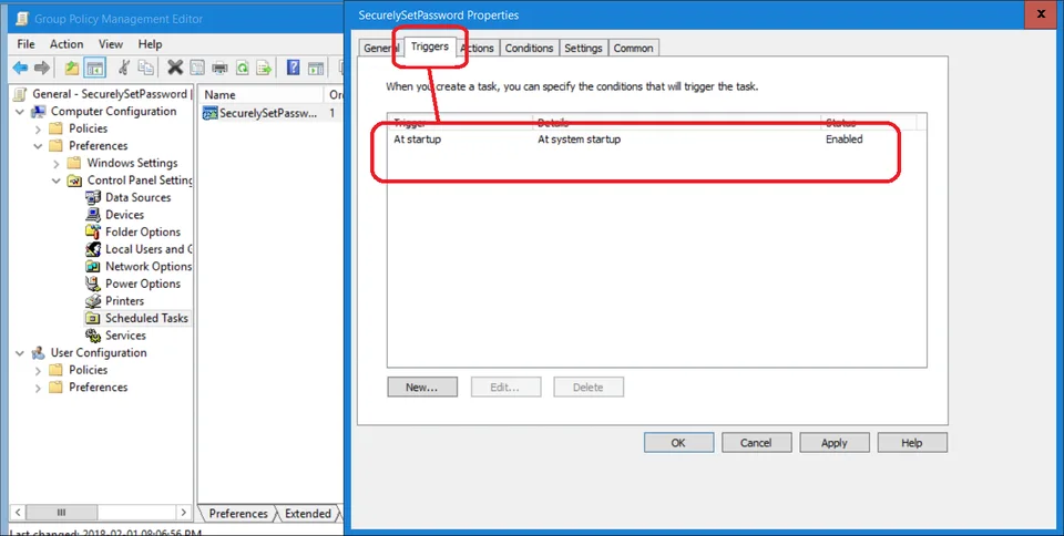 Scheduled task trigger set to at startup