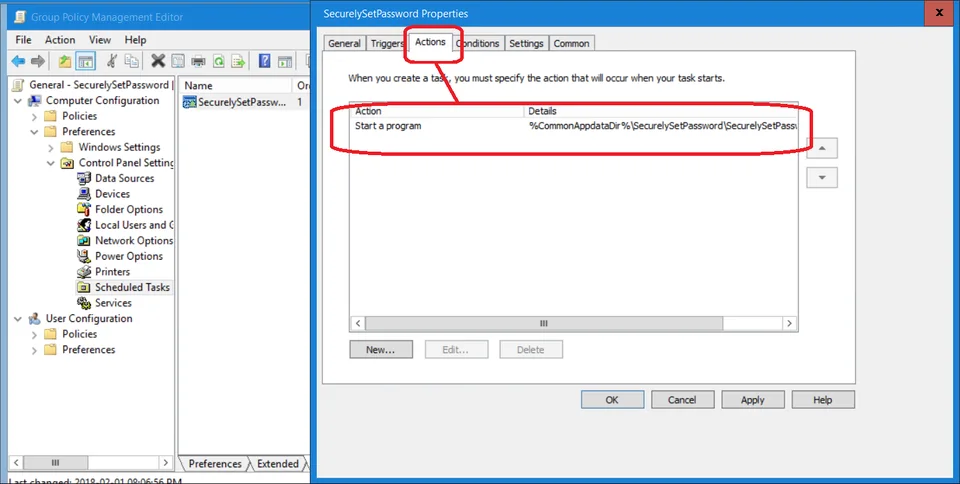 Scheduled task action with SecurelySetPassword path