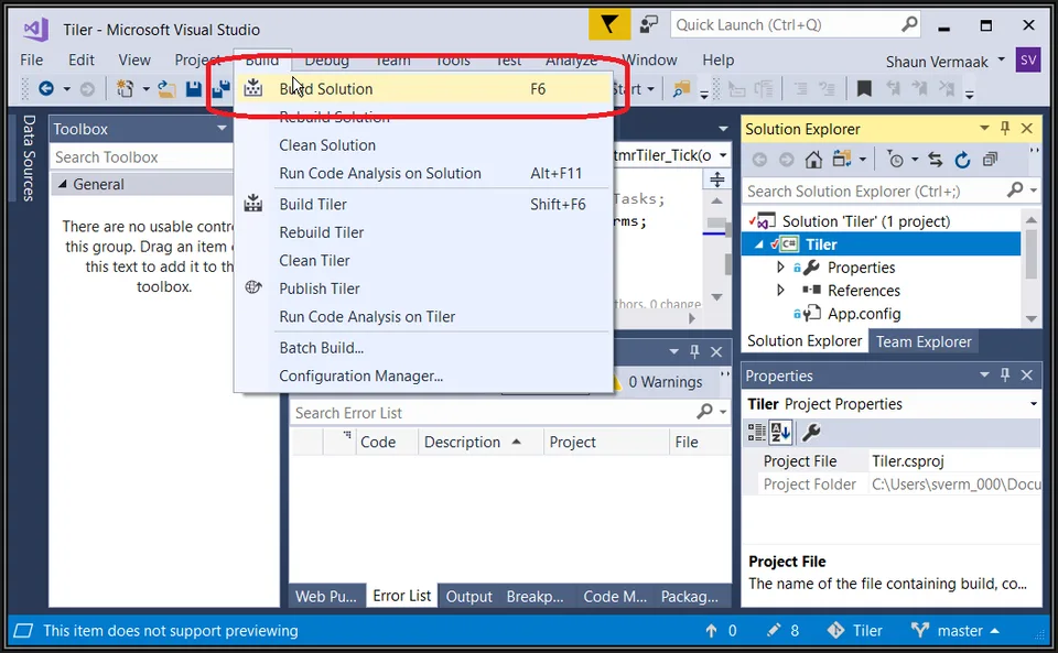 Window Tiler solution open in Visual Studio 2017