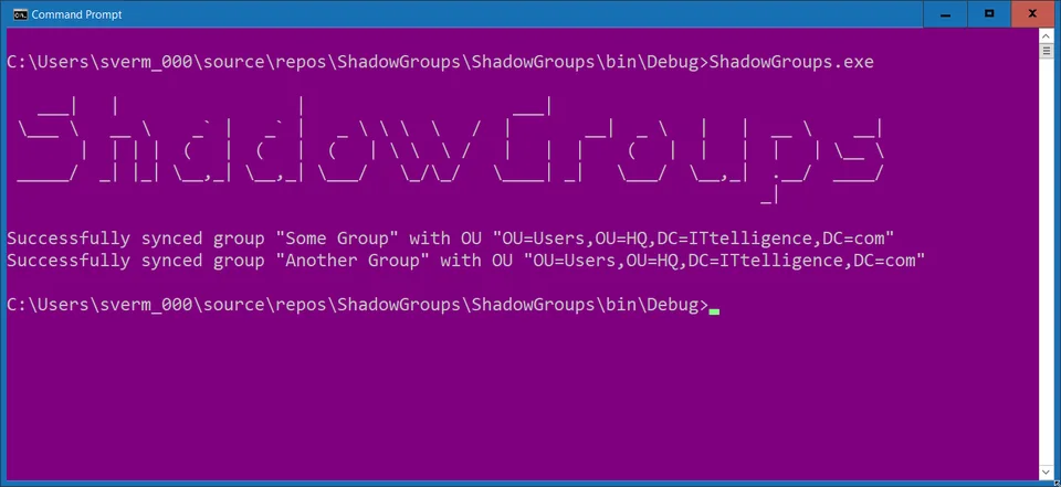 ShadowGroups tool demo execution console output