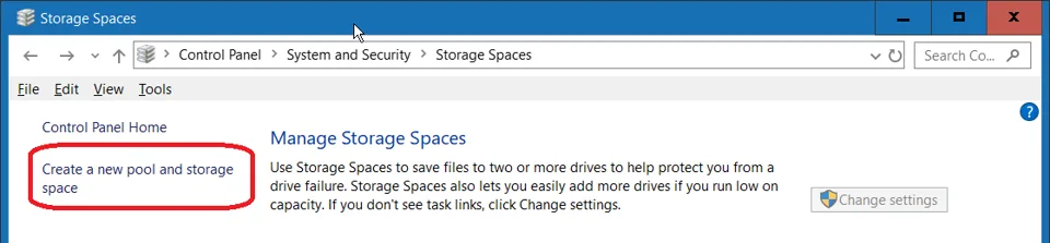 Create a new pool and storage space option