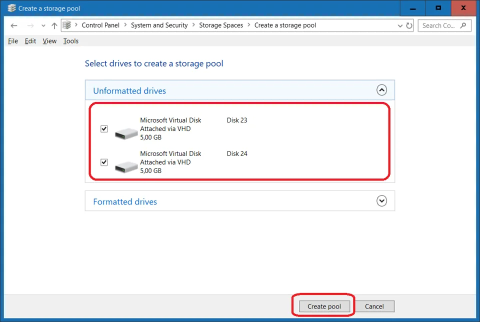 Selecting virtual drives for storage pool