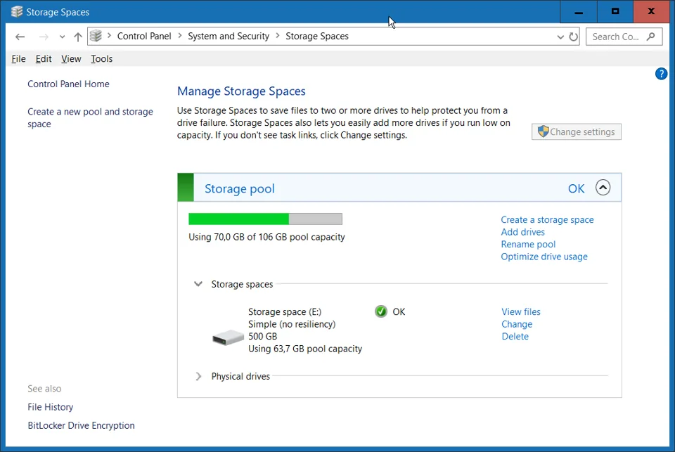 Storage Spaces management showing pool details