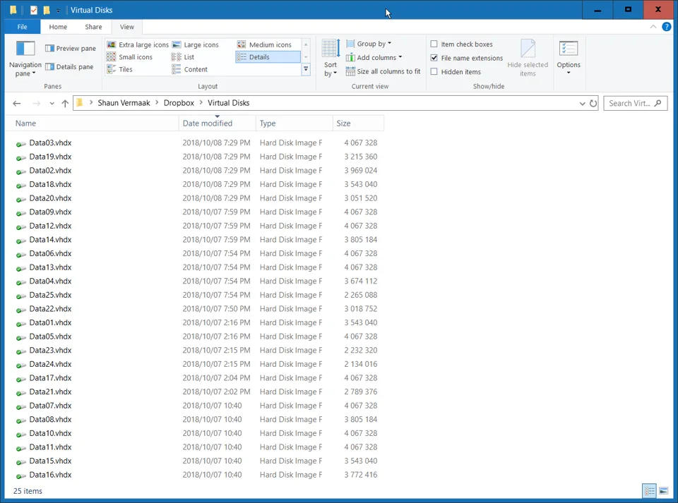 Dropbox folder showing multiple small VHDX files