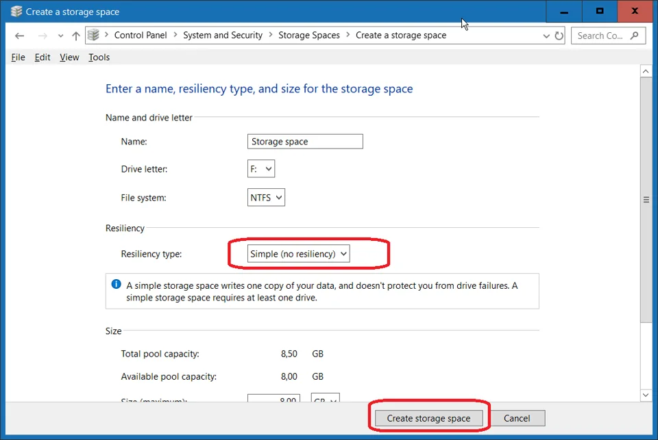 Storage Space name and resiliency type selection