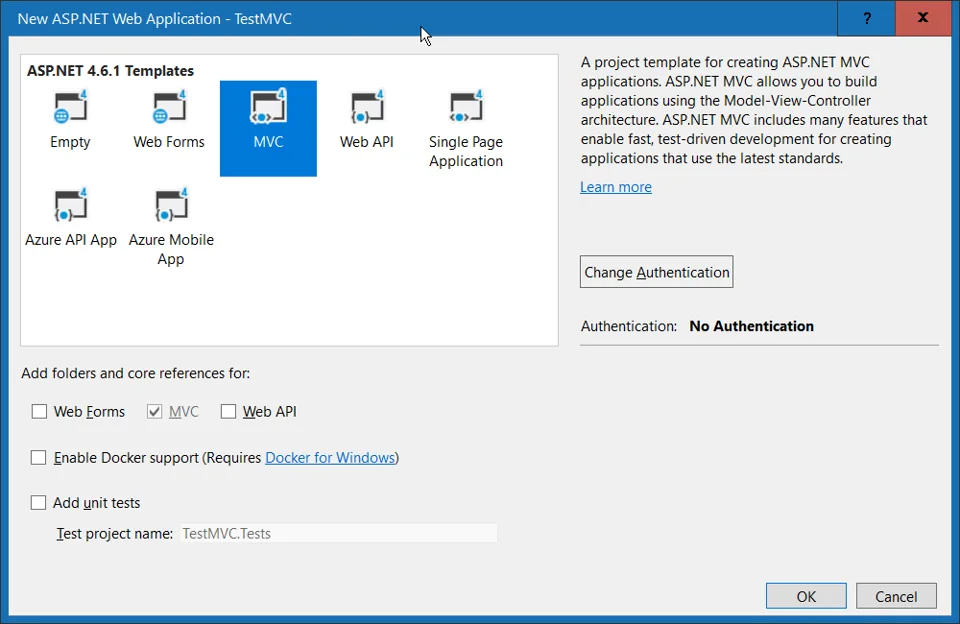 Selecting MVC template in ASP.NET project wizard