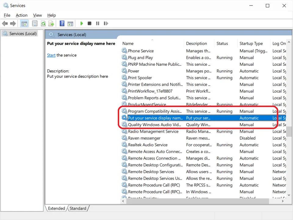 Windows Services showing installed Topshelf service