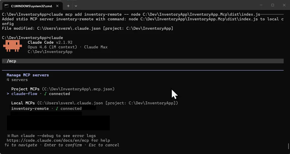Command prompt running claude mcp add inventory-remote, then the Claude Code /mcp dialog showing inventory-remote connected
