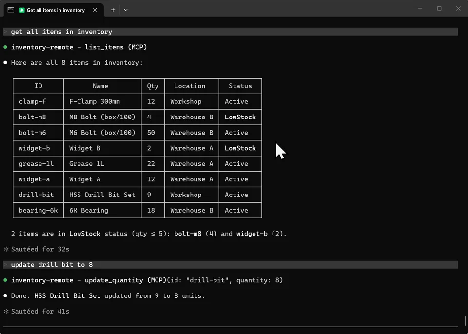 Claude Code listing all inventory items via the inventory-remote list_items tool, then updating the drill bit quantity to 8