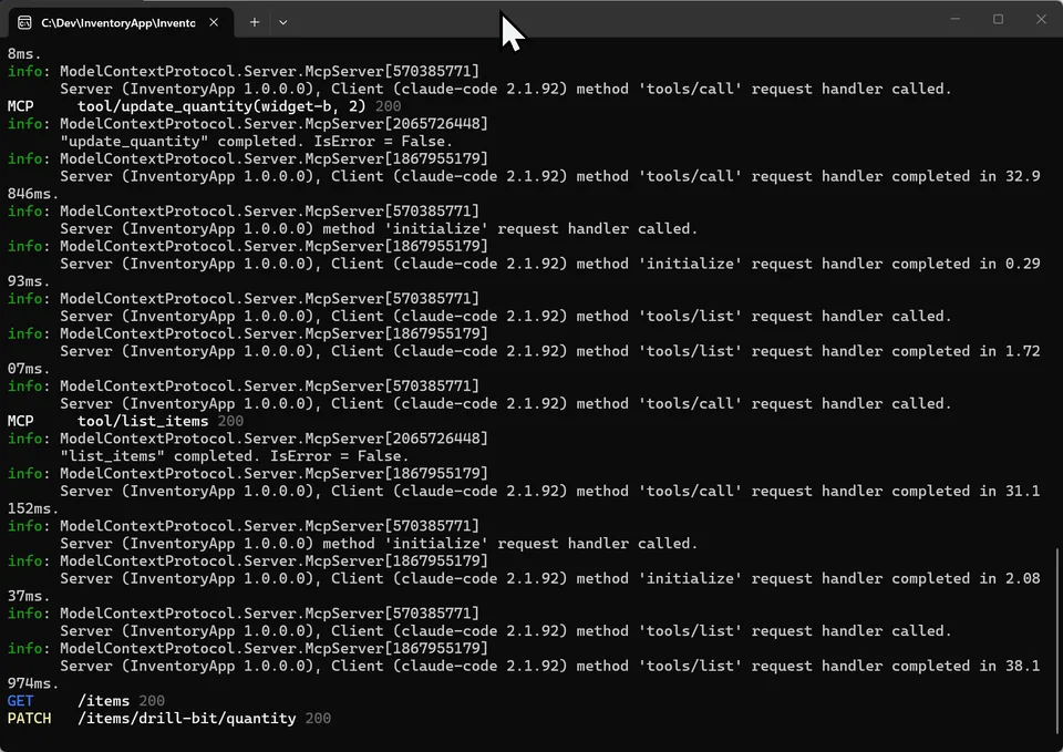 InventoryApp terminal logging MCP tool calls, then GET /items and PATCH /items/drill-bit/quantity requests