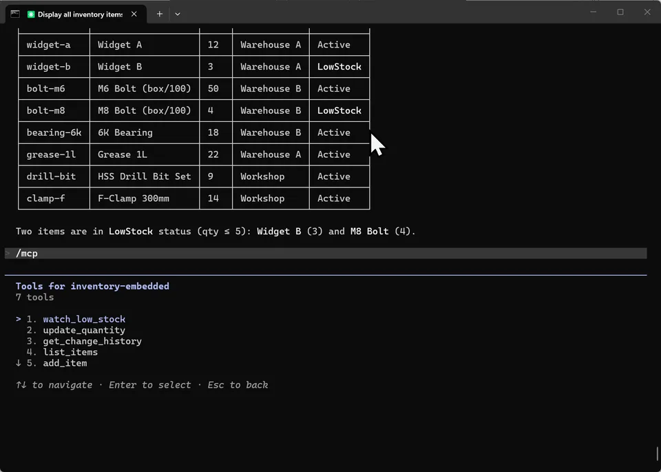 Claude Code /mcp dialog listing seven tools for inventory-embedded, including watch_low_stock and get_change_history