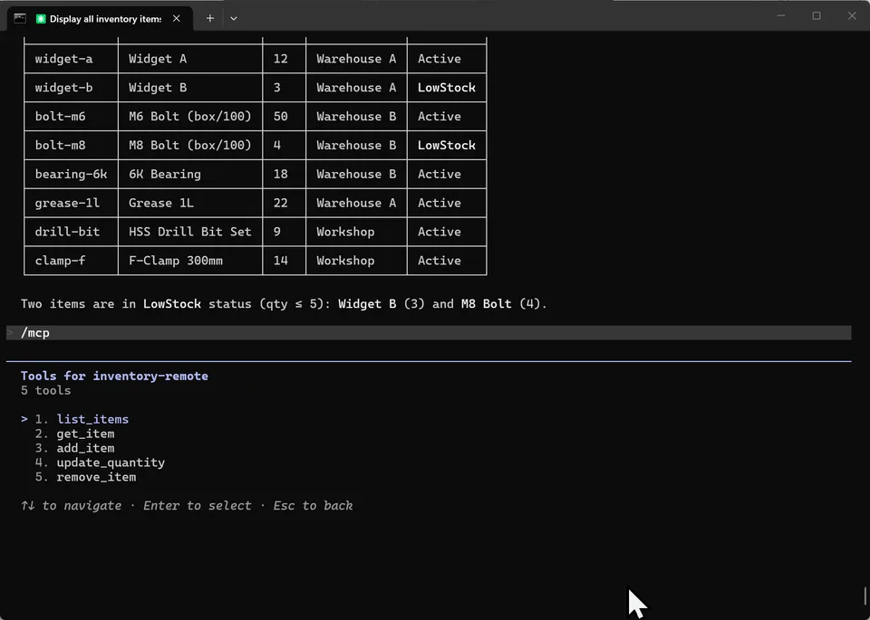 Claude Code /mcp dialog listing five tools for inventory-remote: list_items, get_item, add_item, update_quantity and remove_item