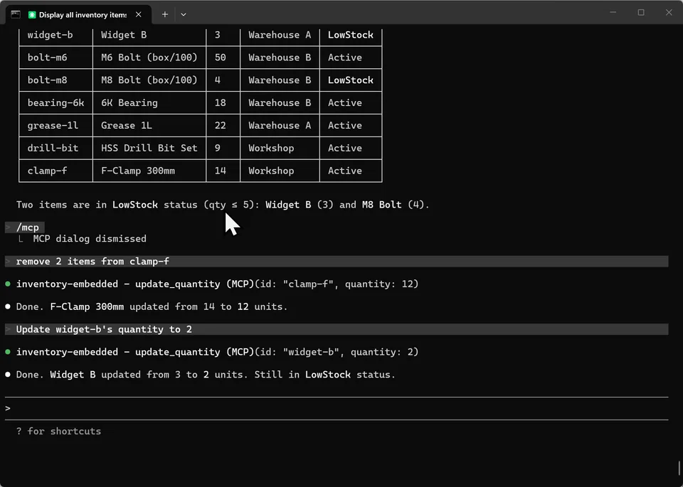 Claude Code using the inventory-embedded update_quantity tool to set clamp-f to 12 and widget-b to 2