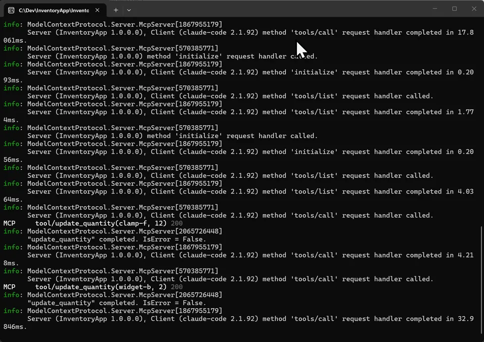 InventoryApp terminal log showing MCP update_quantity tool calls for clamp-f and widget-b completing successfully