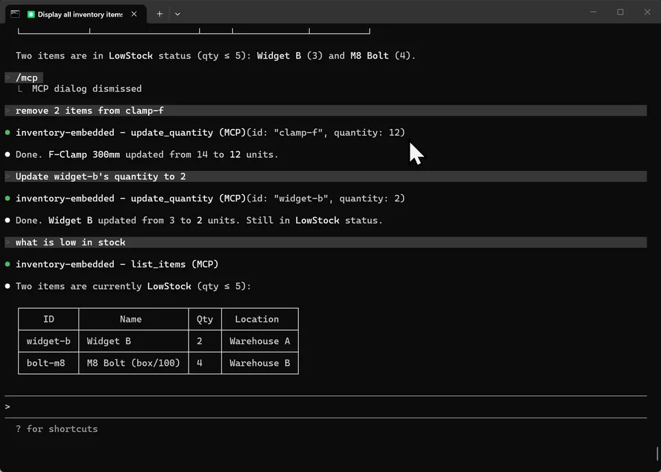 Claude Code asking what is low in stock, with inventory-embedded list_items returning widget-b and bolt-m8