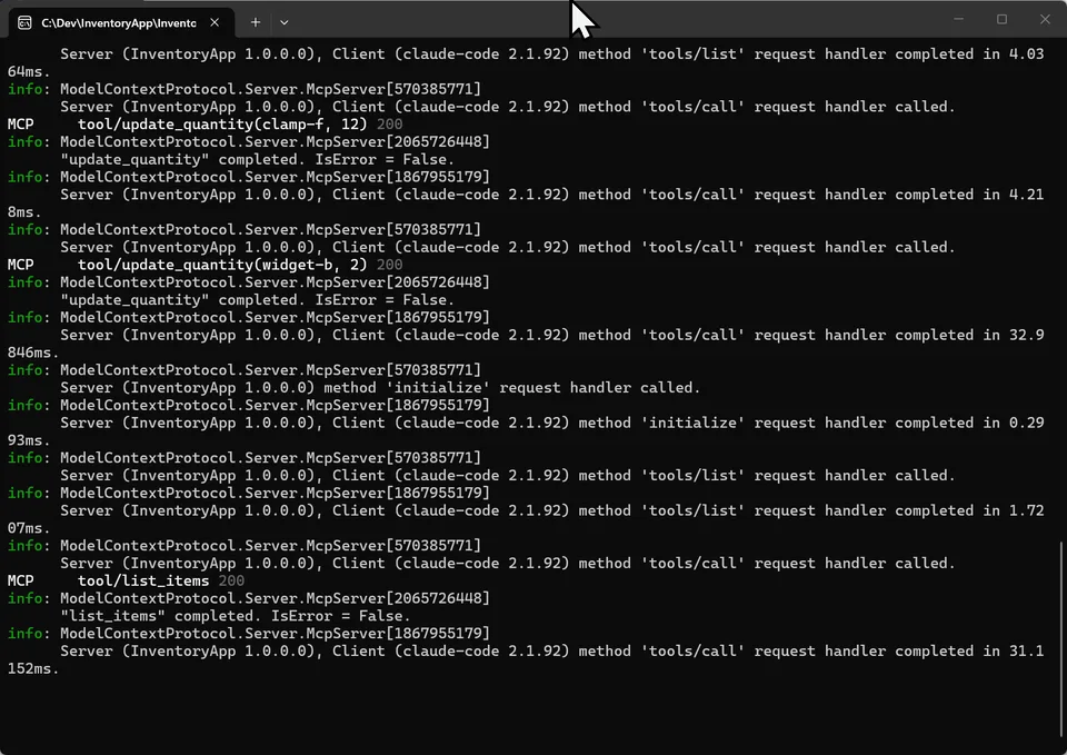 InventoryApp terminal log showing the MCP list_items tool call from Claude Code completing successfully