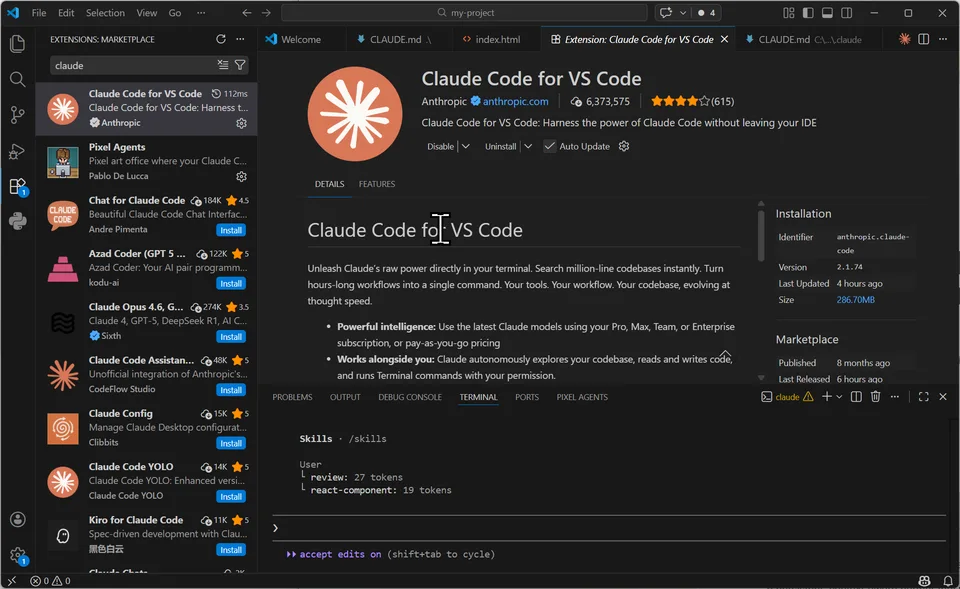 VS Code Extensions Marketplace showing the Anthropic Claude Code for VS Code extension page with Claude running in the terminal