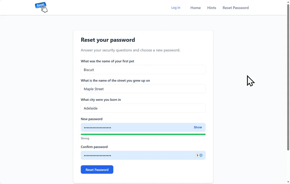 Answer Security Questions and Set New Password