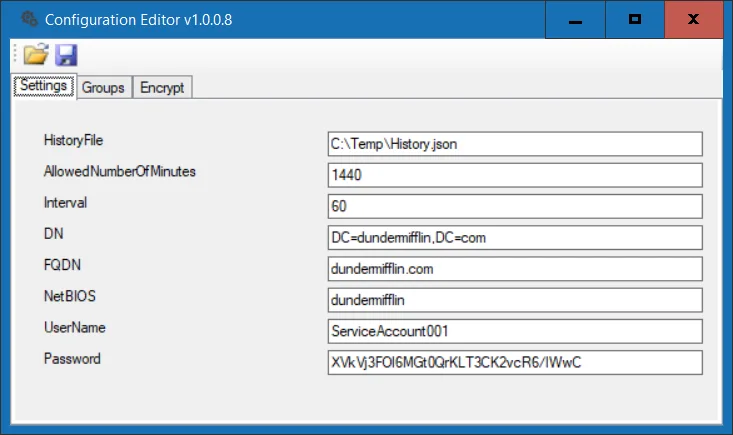 Configurator Settings tab with domain, account, history file, interval and allowed minutes