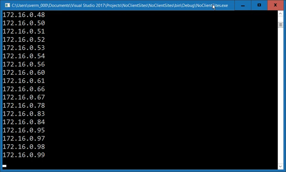 NoClientSites console output listing client IP addresses in the 172.16.0.x range with no matching AD subnet