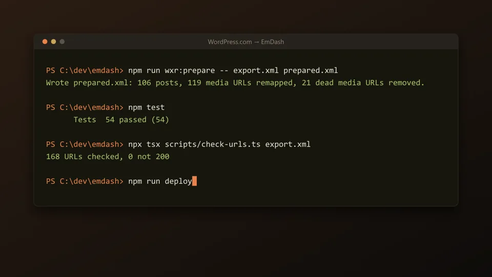 Terminal showing the migration: 106 posts prepared, 54 tests passing, 168 old URLs checked