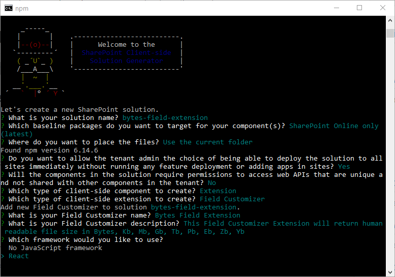 Yeoman scaffolding SPFx Field Customizer project